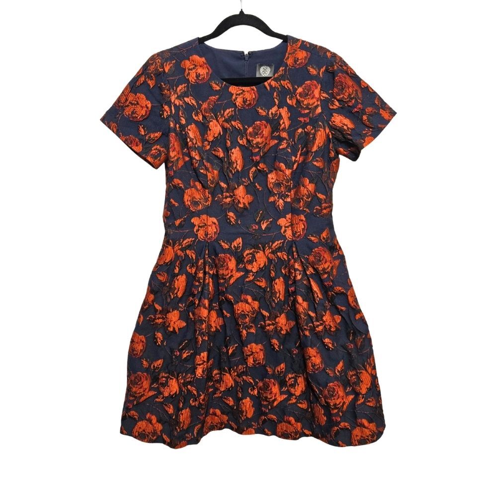 Vince Camuto Floral Jacquard Fit Flare Dress Navy Orange Short Sleeve Size 12